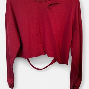 Large burgundy cropped distressed sweatshirt